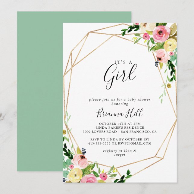 Geometric Gold Tropical It's A Girl Baby Shower Invitation (Front/Back)