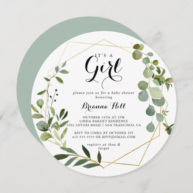 Geometric Gold Tropical It's A Girl Baby Shower Invitation (Front/Back)