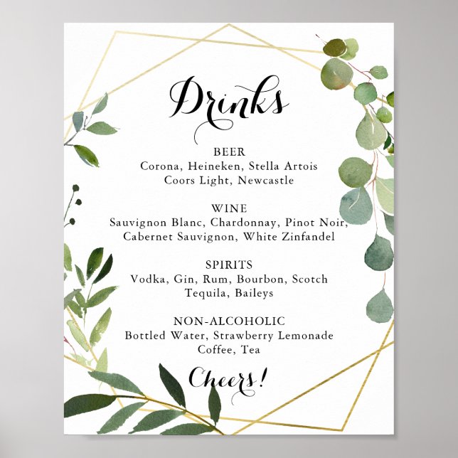 Geometric Gold Tropical Wedding Drinks Menu Sign (Front)