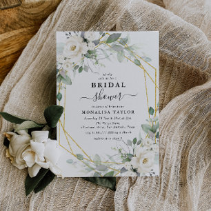 Geometric gold & white floral bridal shower invitation