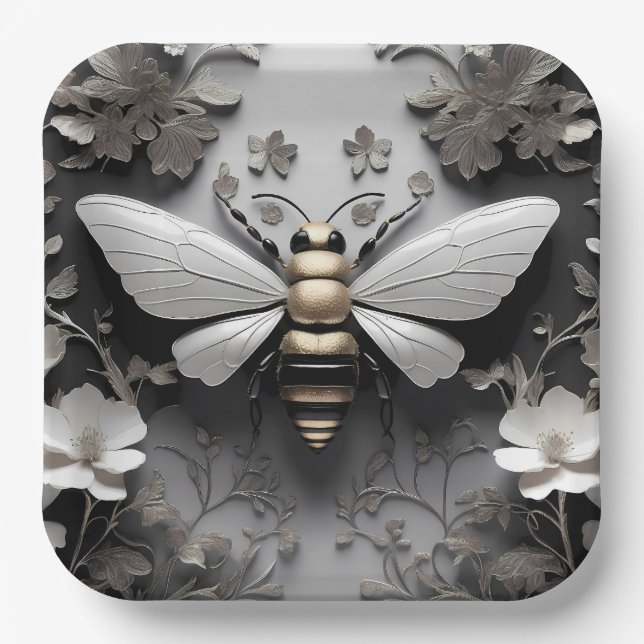 Geometric Golden Honeybee Art Paper Plate (Front)