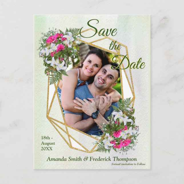 Geometric GoldGlitter Flower Bouquet Save the Date Announcement Postcard (Front)