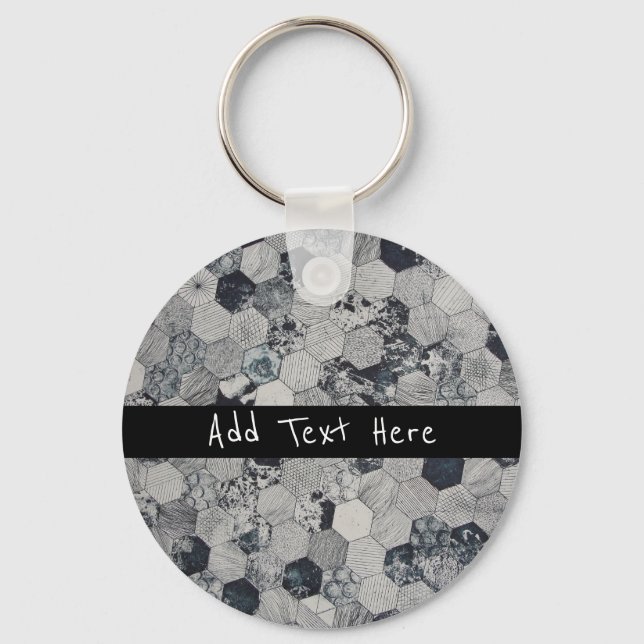 Geometric Gray, White and Black Hexagon Pattern Key Ring (Front)