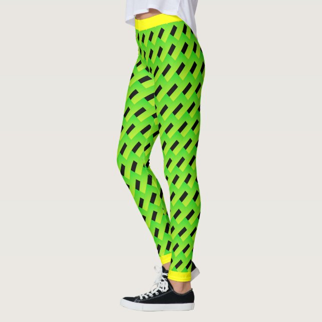 Geometric Green and Black Pattern with Yellow Trim Leggings (Left)