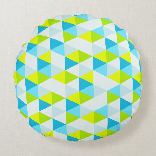 Geometric Green and Blue Triangles Modern Pattern Round Cushion (Front)