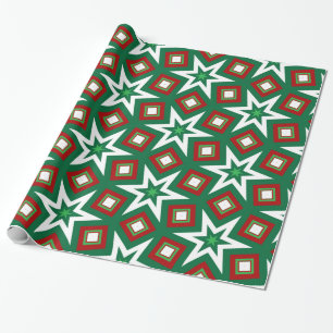 Geometric Green and Red Christmas Stars  Wrapping Paper
