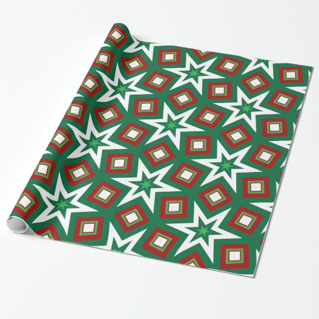 Geometric Green and Red Christmas Stars  Wrapping Paper (Unrolled)