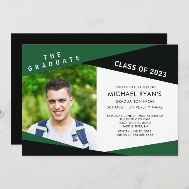 Geometric Green Black Photo Graduation Invitation (Front/Back)