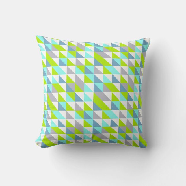 Geometric Green, Blue White Grey Triangles Pattern Cushion (Front)