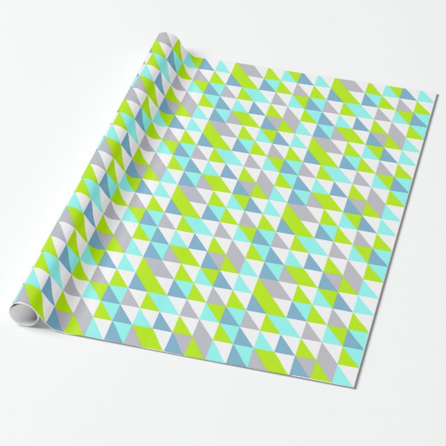 Geometric Green, Blue White Grey Triangles Pattern Wrapping Paper (Unrolled)