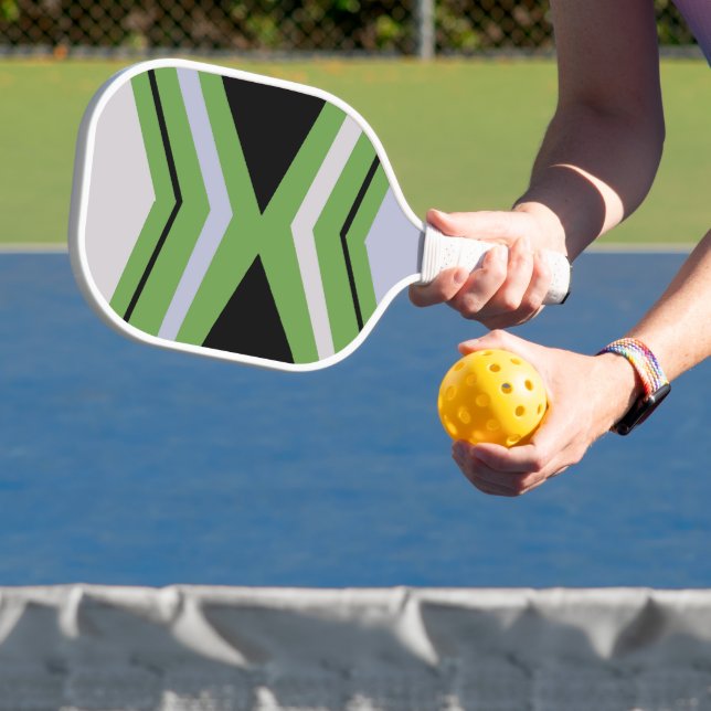 Geometric green, grey and blue pattern pickleball paddle (Insitu)