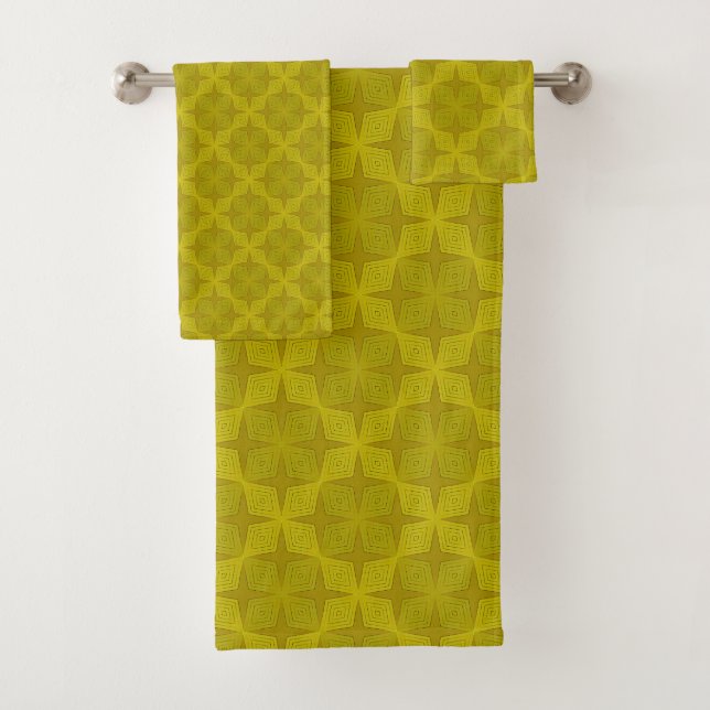 Geometric green olive art deco bath towel set (Insitu)