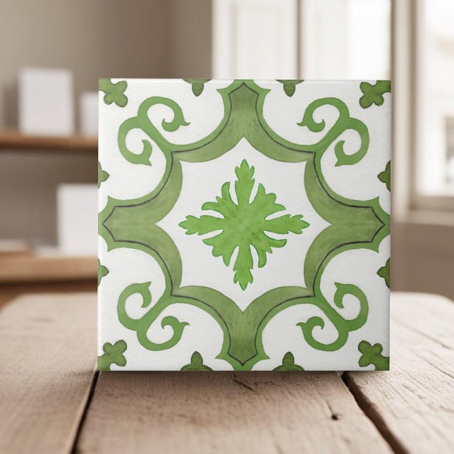 Geometric green white moroccan mediterranean style ceramic tile (Creator Uploaded)