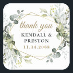 Geometric Greenery Elegant Gold Wedding Thank You Square Sticker<br><div class="desc">Design features eucalyptus,  succulents and greenery elements in shades of dusty sage and blue/grey with a printed gold coloured geometric terrarium border wreath frame.</div>