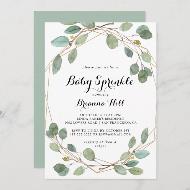 Geometric Greenery Eucalyptus Baby Sprinkle Invitation (Front/Back)