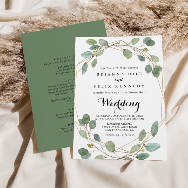 Geometric Greenery Eucalyptus Front & Back Wedding Invitation (Creator Uploaded)