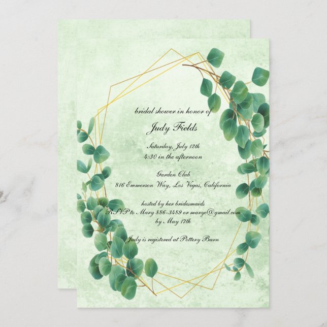 Geometric Greenery Eucalyptus Leaves Bridal Shower Invitation (Front/Back)