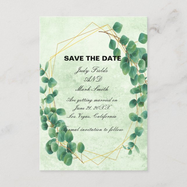 Geometric Greenery Eucalyptus Leaves Save The Date Enclosure Card (Front)