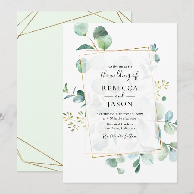Geometric Greenery Eucalyptus Wedding Invitation (Front/Back)