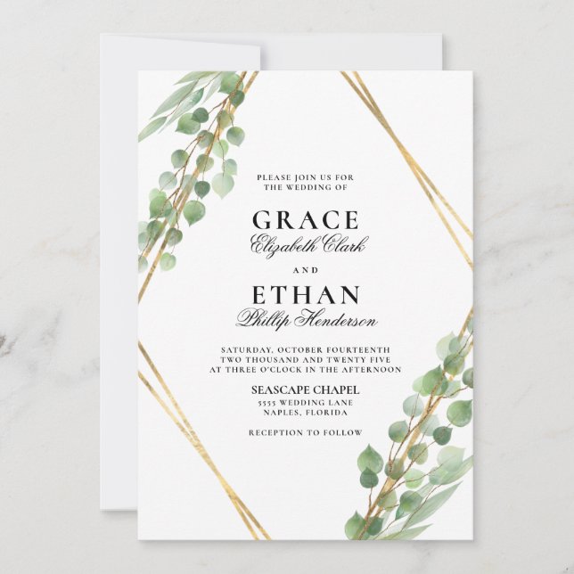 Geometric Greenery Gold Frame Eucalyptus Wedding Invitation (Front)