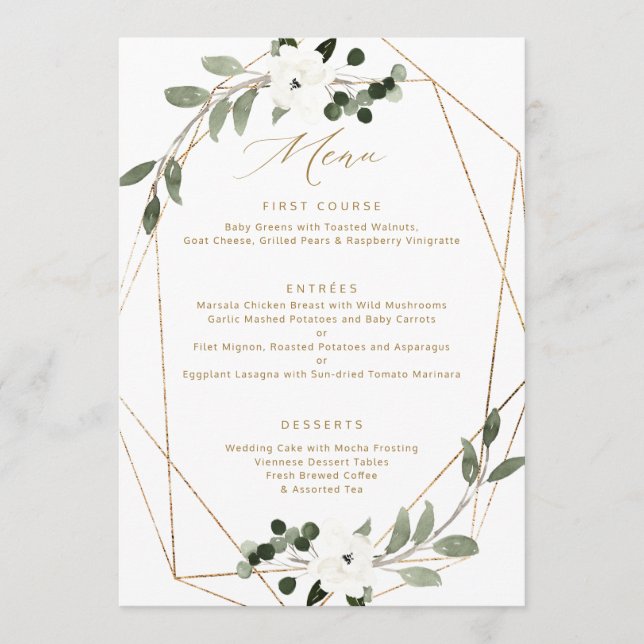Geometric Greenery Gold Wedding Menu (Front)