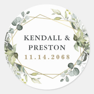 Geometric Greenery Modern Gold Succulent Wedding Classic Round Sticker