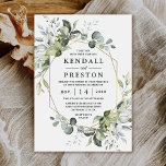 Geometric Greenery Modern Gold Succulent Wedding Invitation<br><div class="desc">Design features eucalyptus,  succulents and greenery elements in shades of dusty sage and blue/grey with a printed gold coloured geometric terrarium border wreath frame.  The back features a dusty sage green natural matching watercolor background.</div>