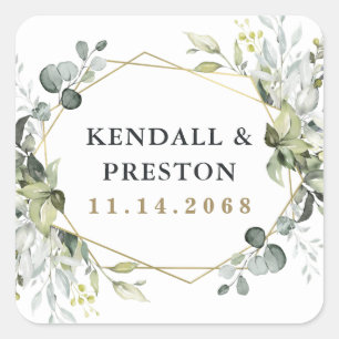 Geometric Greenery Modern Gold Succulent Wedding Square Sticker