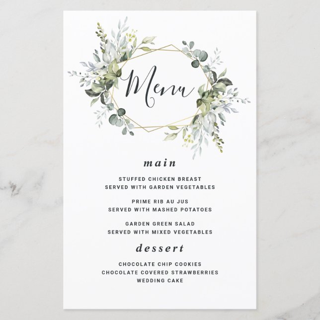 Geometric Greenery Modern Gold Wedding Menu Cards (Front)