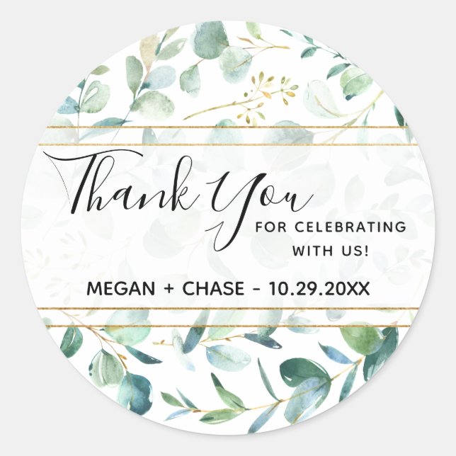 Geometric Greenery Personalised Thank You Wedding Classic Round Sticker (Front)