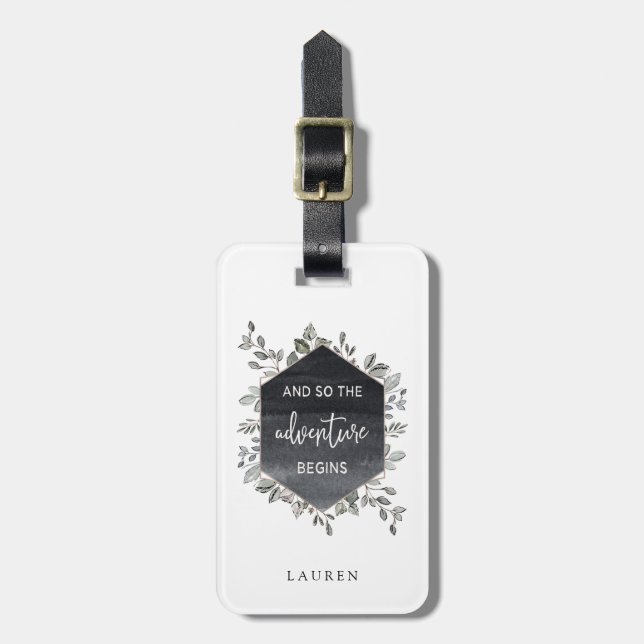 Geometric Greenery | The Adventure Begins Quote Luggage Tag (Front Vertical)