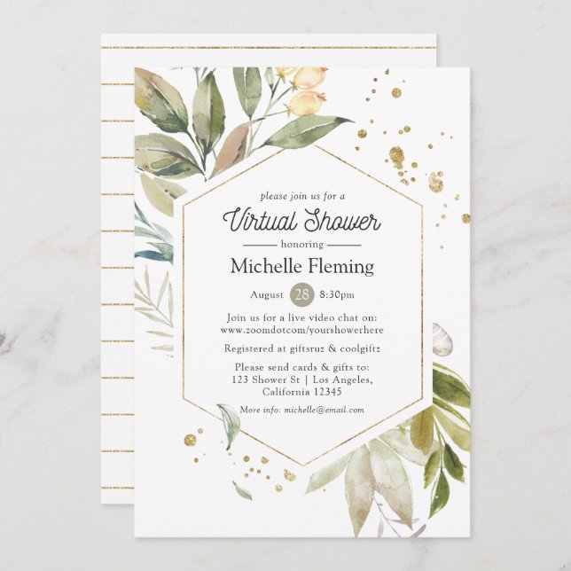 Geometric Greenery Virtual Baby or Bridal Shower Invitation (Front/Back)