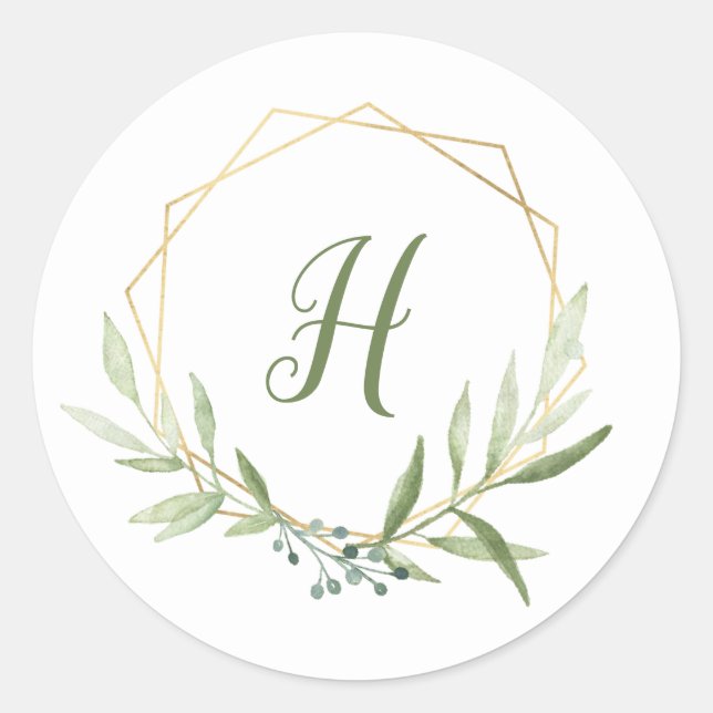 Geometric Greenery Wreath Classic Round Sticker (Front)