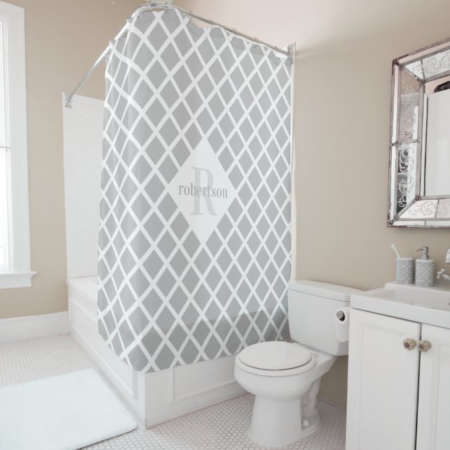 Geometric Grey and White Monogram Shower Curtain (In Situ)