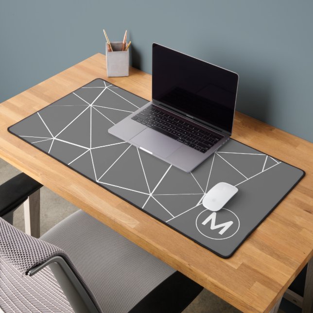 Geometric grey and white triangles lines Monogram Desk Mat (Office 2)