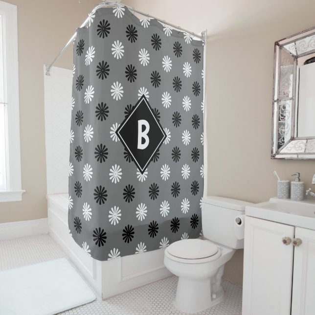 Geometric Grey Black White Floral Monogram Initial Shower Curtain (In Situ)
