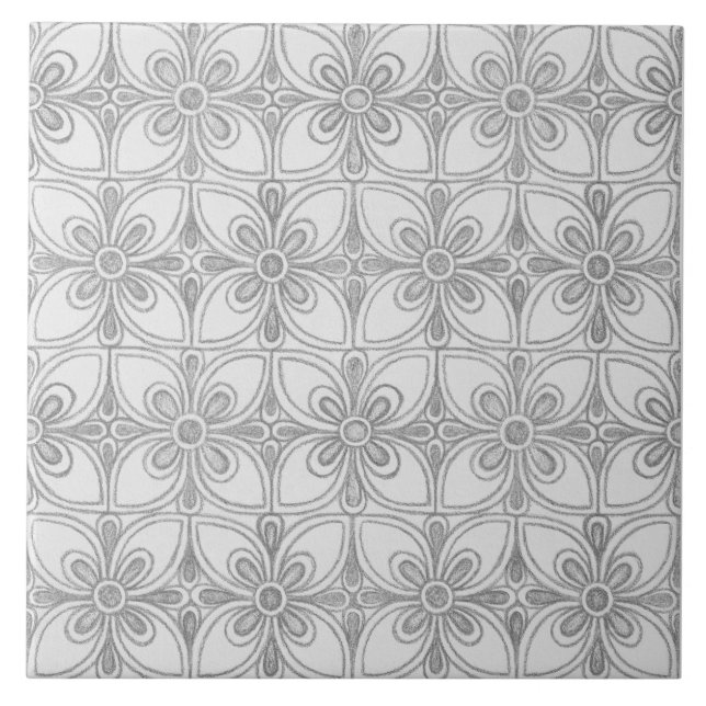Geometric Grey Patterns Abstract Flowers Ceramic Tile (Front)
