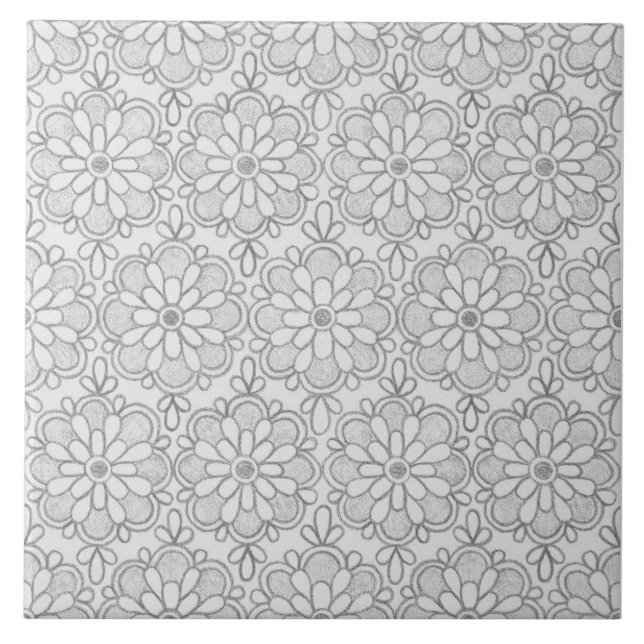 Geometric Grey Patterns Abstract Flowers Ceramic Tile (Front)