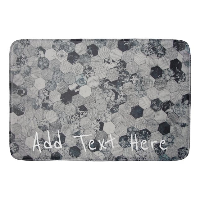 Geometric Grey, White and Black Hexagon Pattern Bath Mat (Front)
