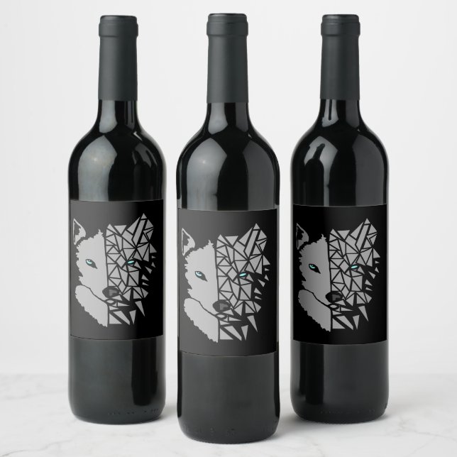 Geometric Grey Wolf Wine Label (Bottles)