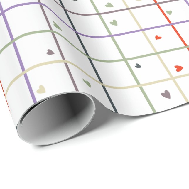 Geometric Grid Pattern with Scattered Hearts Wrapping Paper (Roll Corner)