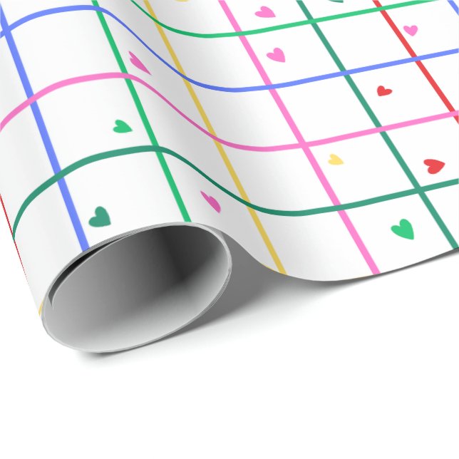 Geometric Grid Pattern with Scattered Hearts Wrapping Paper (Roll Corner)