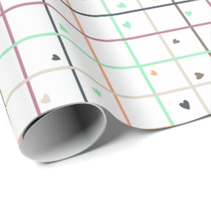 Geometric Grid Pattern with Scattered Hearts Wrapping Paper