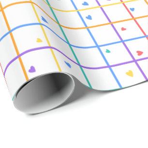 Geometric Grid Pattern with Scattered Hearts Wrapping Paper
