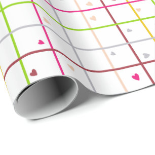 Geometric Grid Pattern with Scattered Hearts Wrapping Paper