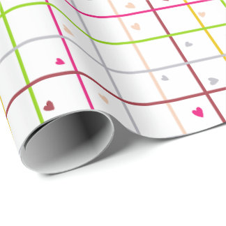 Geometric Grid Pattern with Scattered Hearts Wrapping Paper