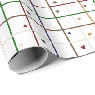Geometric Grid Pattern with Scattered Hearts Wrapping Paper