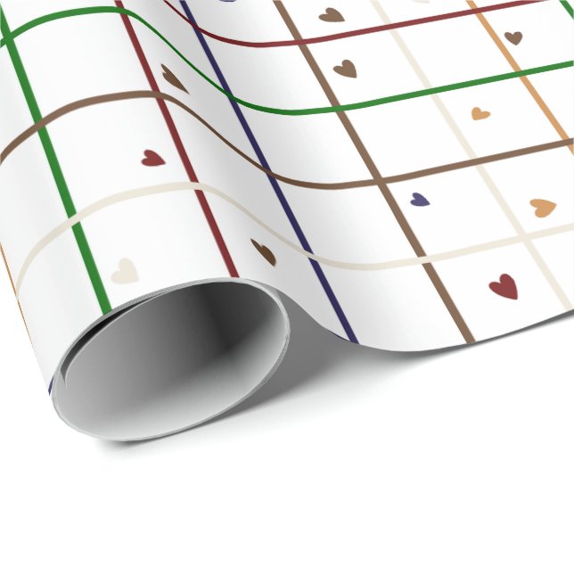 Geometric Grid Pattern with Scattered Hearts Wrapping Paper (Roll Corner)