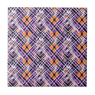 Geometric Halloween Plaid - Purple, Orange, White Ceramic Tile