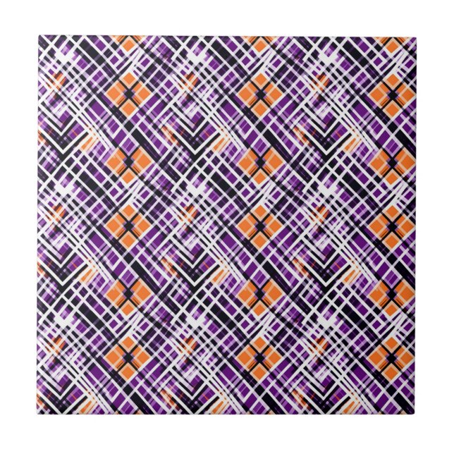 Geometric Halloween Plaid - Purple, Orange, White Ceramic Tile (Front)